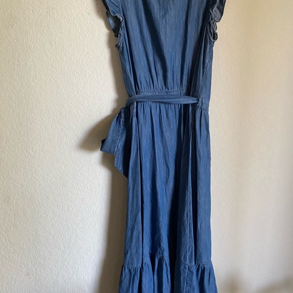 J.Crew Grand Lily Drapey Chambray Denim Blue Wrap Ruffle Hem Midi Dress 4 - Picture 12 of 16
